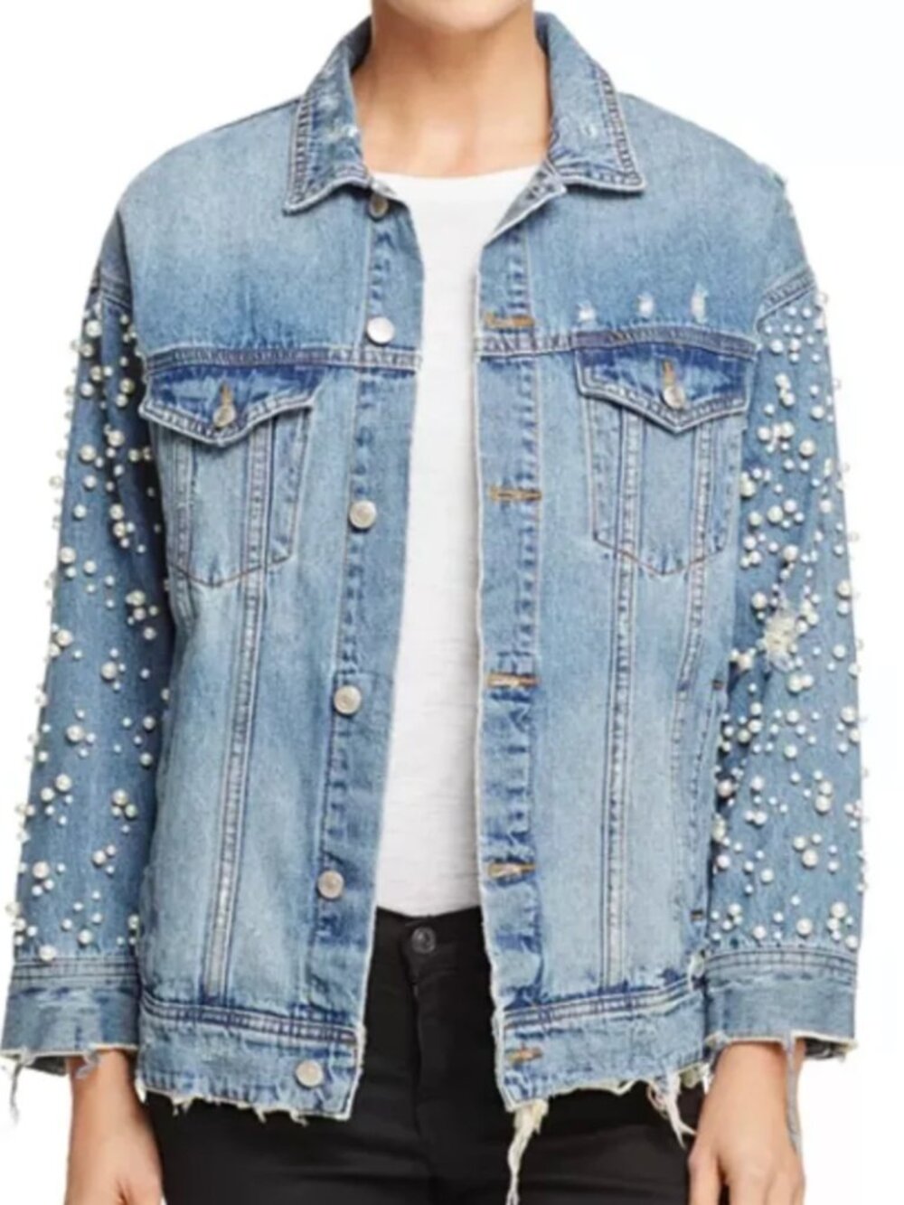 Sunset + Spring Pearl Embellished Denim Jacket - Size Small